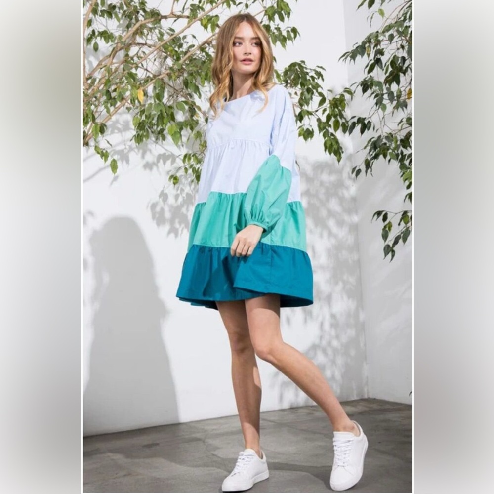 🚍📝📚 Aaron & Amber Blue & Green Tiered Babydoll Dress - size Large - NWY